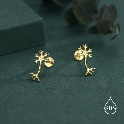 Tiny Neuron Cell 16G Internally Threaded Flat Back Earrings in Sterling Silver,