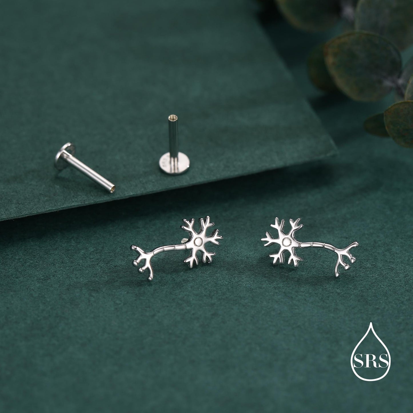Tiny Neuron Cell 16G Internally Threaded Flat Back Earrings in Sterling Silver,