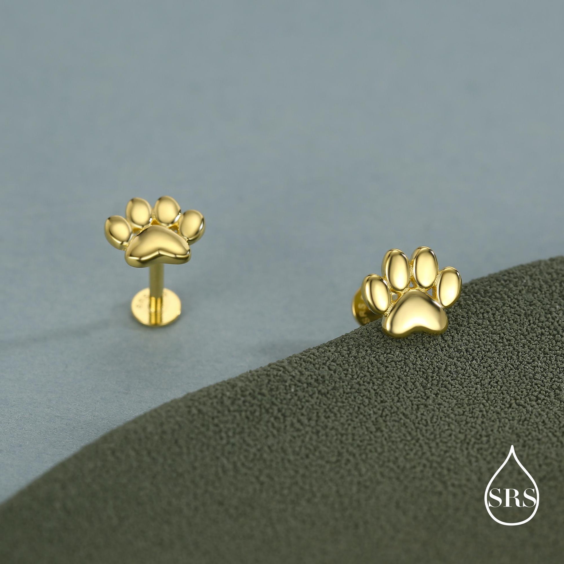 Sterling Silver Paw Print Flat-Back Studs for Animal Lovers, 16G 8mm Flat Back Earrings