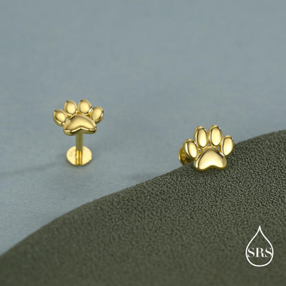 Sterling Silver Paw Print Flat-Back Studs for Animal Lovers, 16G 8mm Flat Back Earrings