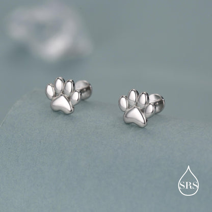 Sterling Silver Paw Print Flat-Back Studs for Animal Lovers, 16G 8mm Flat Back Earrings