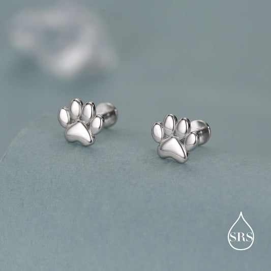 Sterling Silver Paw Print Flat-Back Studs for Animal Lovers, 16G 8mm Flat Back Earrings