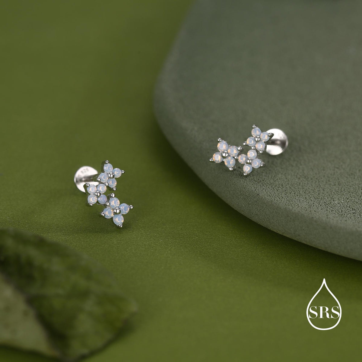 Opal Colour CZ Hydrangea Bouquet 16G Flat Back Earrings in Sterling Silver, 16G 8mm Flat Back Studs