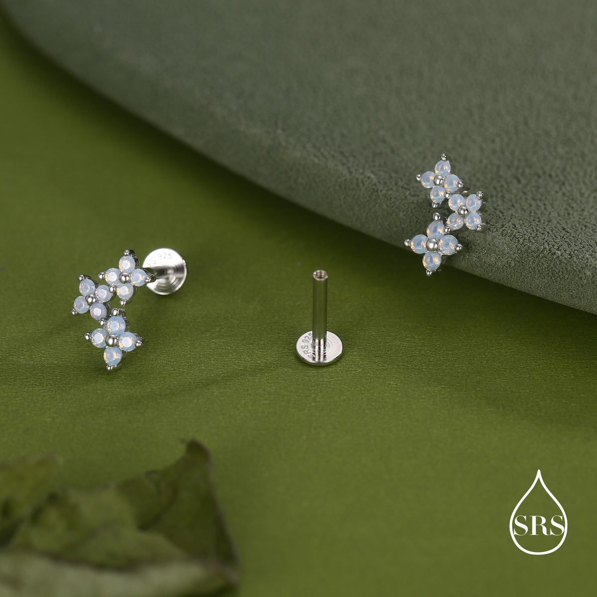 Opal Colour CZ Hydrangea Bouquet 16G Flat Back Earrings in Sterling Silver, 16G 8mm Flat Back Studs