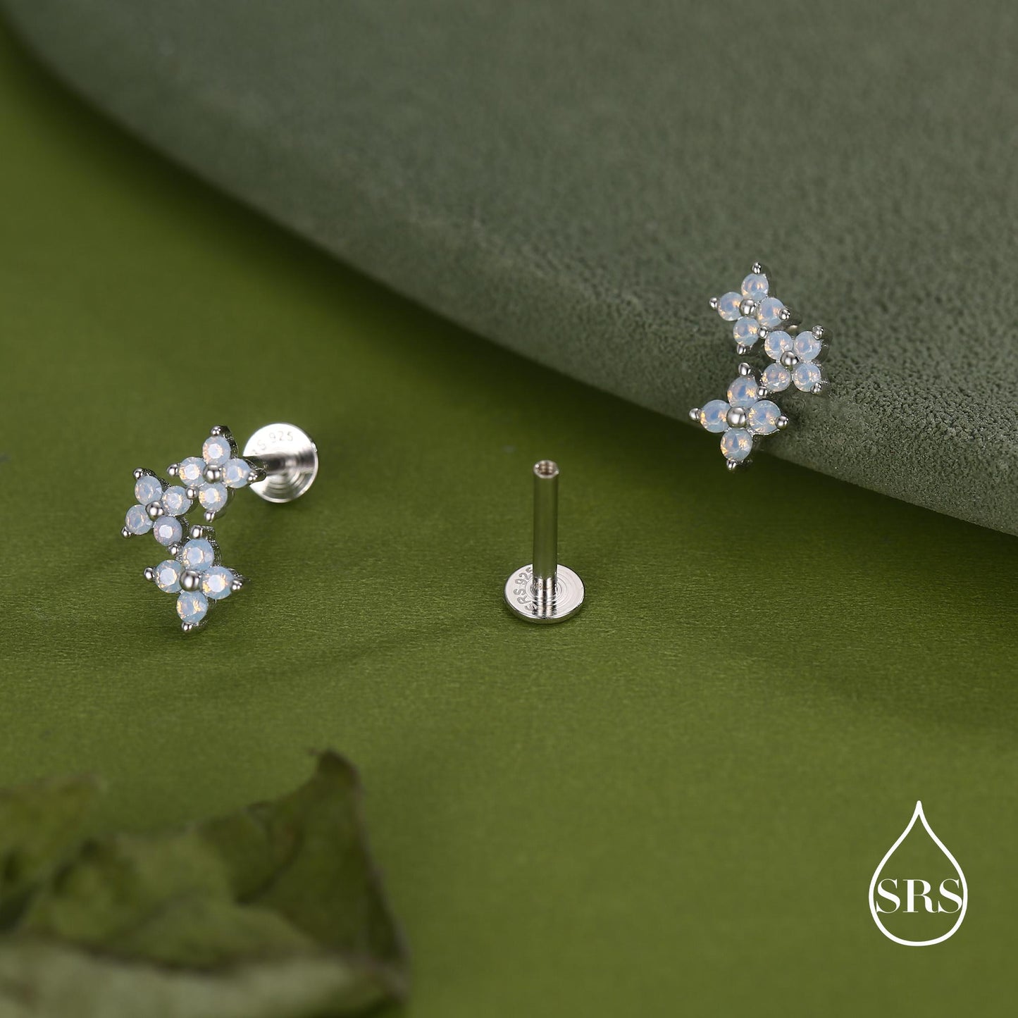 Opal Colour CZ Hydrangea Bouquet 16G Flat Back Earrings in Sterling Silver, 16G 8mm Flat Back Studs