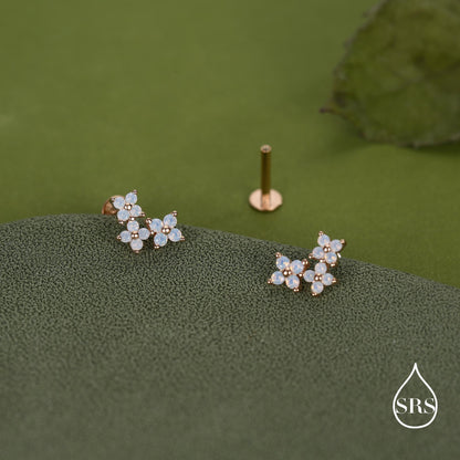 Opal Colour CZ Hydrangea Bouquet 16G Flat Back Earrings in Sterling Silver, 16G 8mm Flat Back Studs