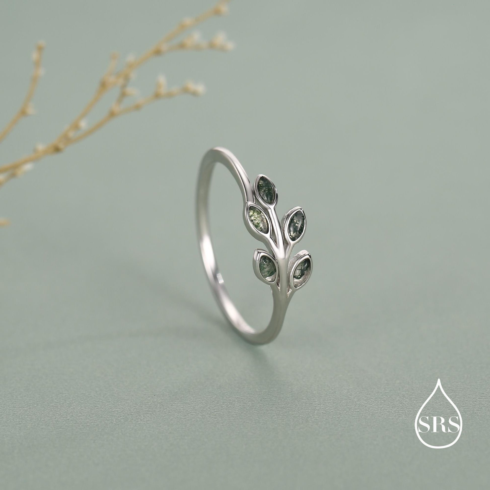 Silver Olive Branch Ring with Moss Agate, Silver or Gold, US 5 - 8 Olive Leaf Ring, Botanical Ring