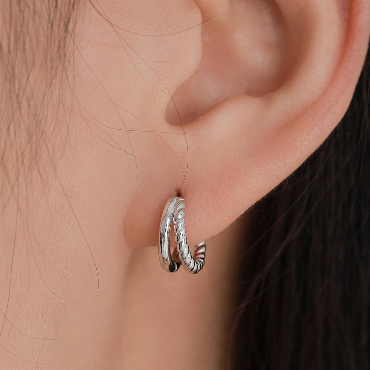 Single Piercing Double Hoop Effect Earrings in Sterling Silver with Braided Details, Rope Hoop Earrings, Silver, Gold, Rose Gold