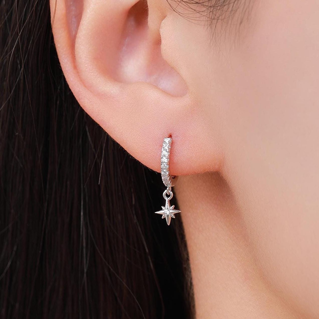 Tiny CZ Starburst Huggie Hoop Earrings in Sterling Silver, Silver or Gold, North Star Earrings, Sunburst Earrings, Celestial