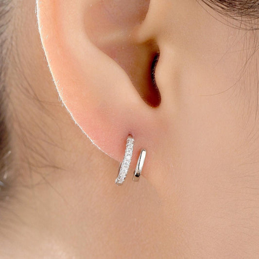 Single Piercing Double Hoop Effect Earrings in Sterling Silver, CZ Pave Hoop Earrings, Silver, Gold, Rose Gold, Dainty and Delicate