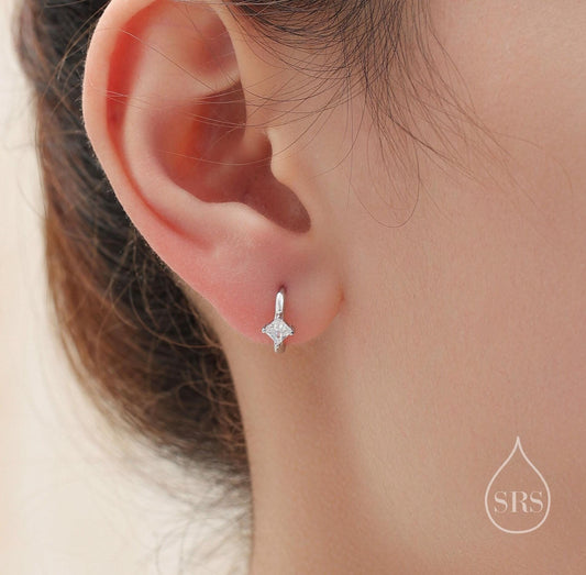 Single CZ Crystal Huggie Hoop in Sterling Silver, Silver or Gold, Minimalist Simple Hoop Earrings