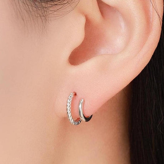 Single Piercing Double Hoop Effect Earrings in Sterling Silver, Braided Texture Hoop Earrings, Silver, Gold, Rose Gold, Dainty and Delicate