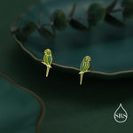Sterling Silver Green Enamel Parakeet Parrot Earrings， Bird Earrings