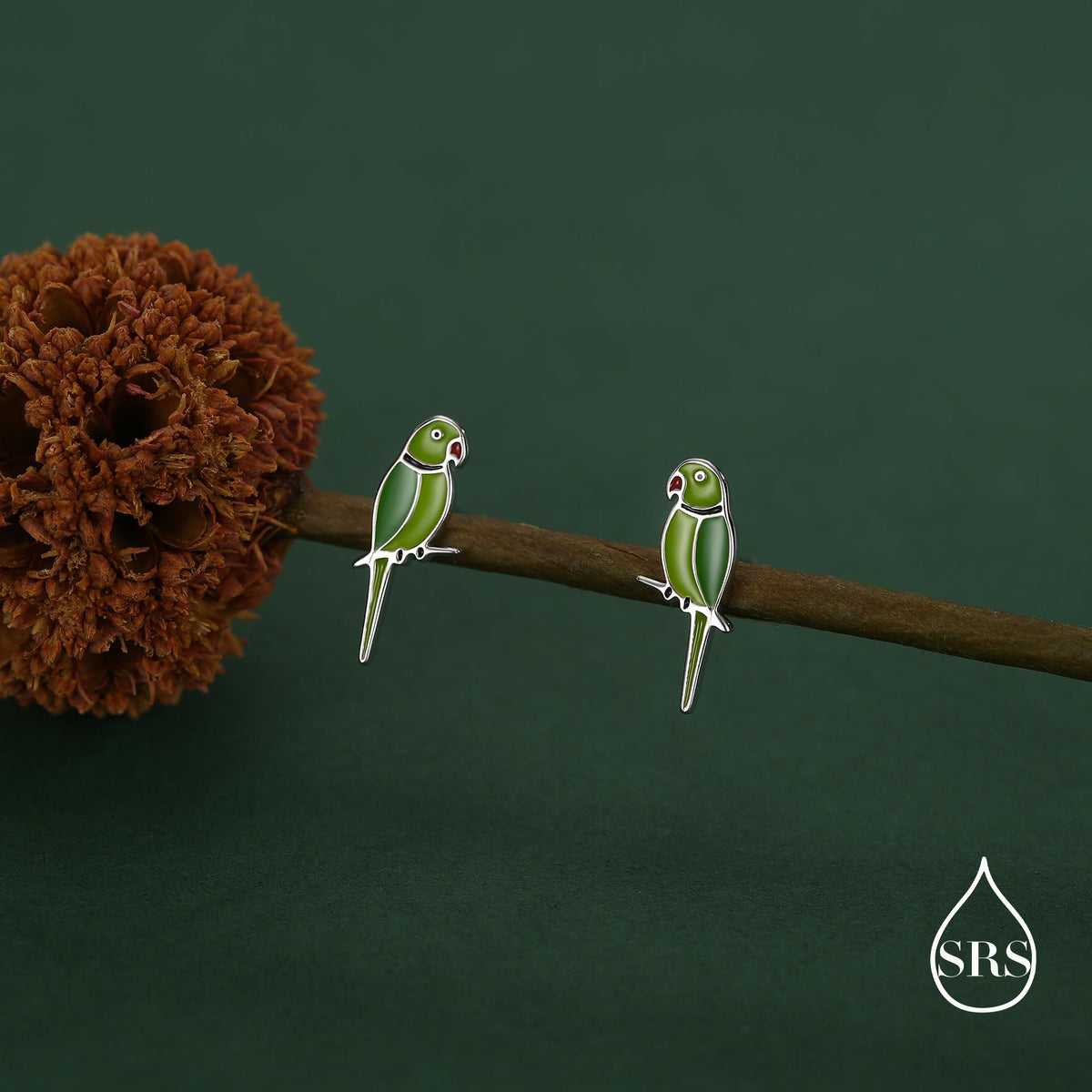 Sterling Silver Green Enamel Parakeet Parrot Earrings， Bird Earrings