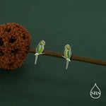 Sterling Silver Green Enamel Parakeet Parrot Earrings， Bird Earrings