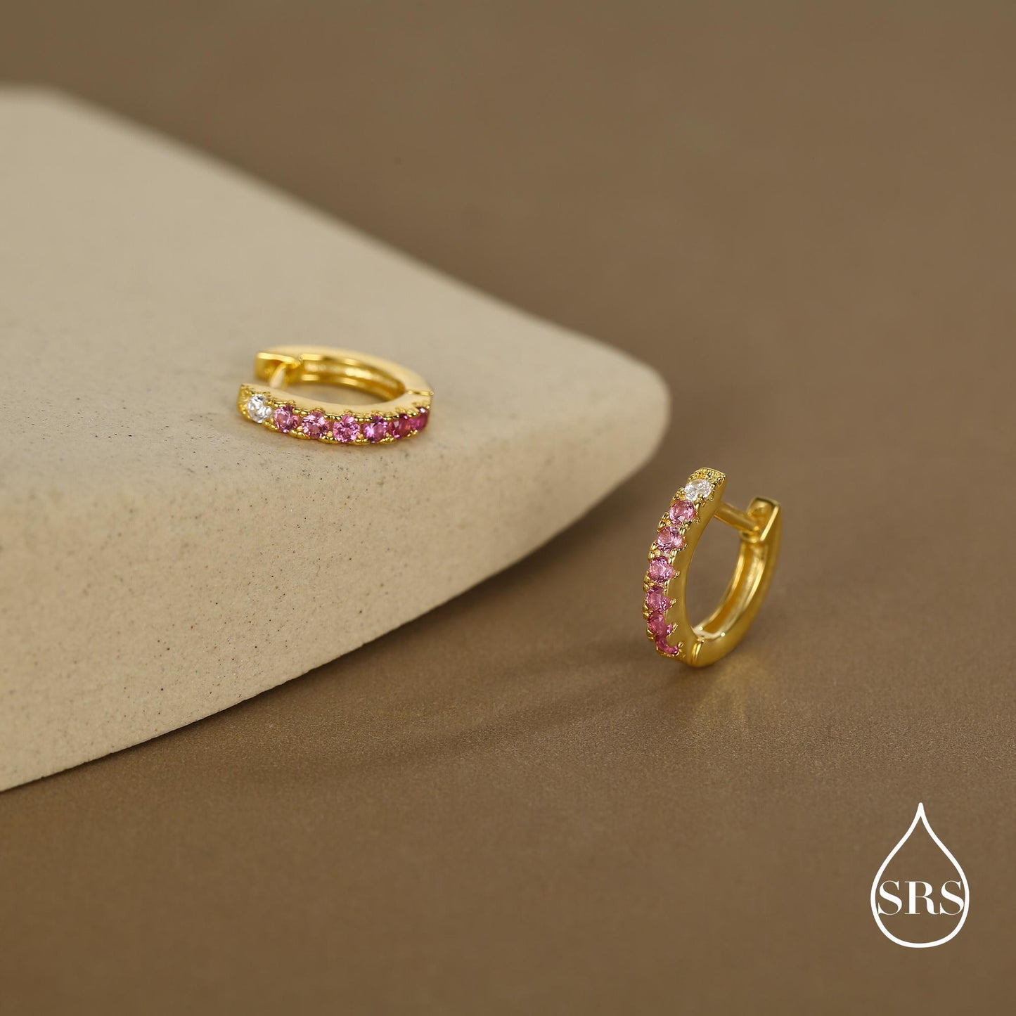 Ruby Pink Ombre CZ Huggie Hoops in Sterling Silver, Silver or Gold, Minimalist Hoop Earrings, 8mm Hoops, cartilage hoops, Gradient