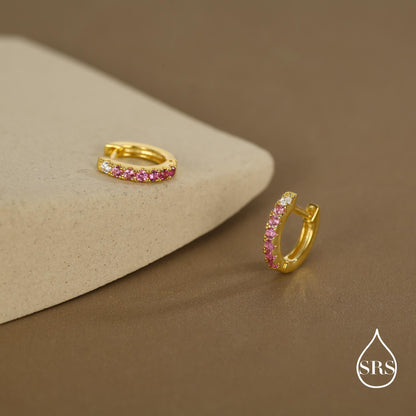 Ruby Pink Ombre CZ Huggie Hoops in Sterling Silver, Silver or Gold, Minimalist Hoop Earrings, 8mm Hoops, cartilage hoops, Gradient