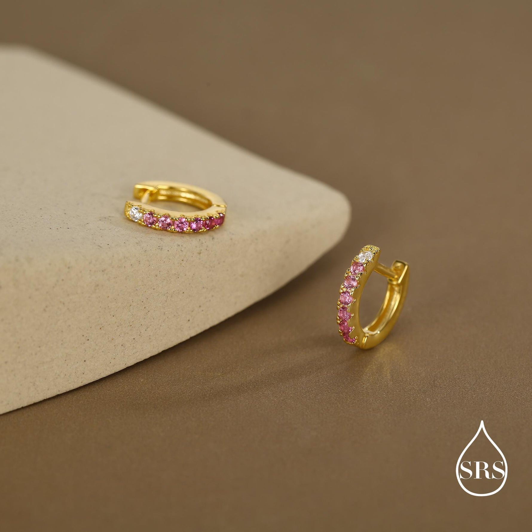 Ruby Pink Ombre CZ Huggie Hoops in Sterling Silver, Silver or Gold, Minimalist Hoop Earrings, 8mm Hoops, cartilage hoops, Gradient
