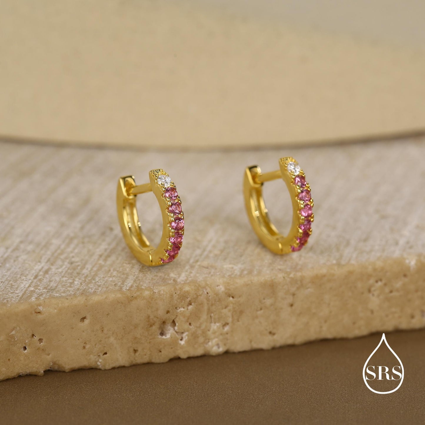 Ruby Pink Ombre CZ Huggie Hoops in Sterling Silver, Silver or Gold, Minimalist Hoop Earrings, 8mm Hoops, cartilage hoops, Gradient