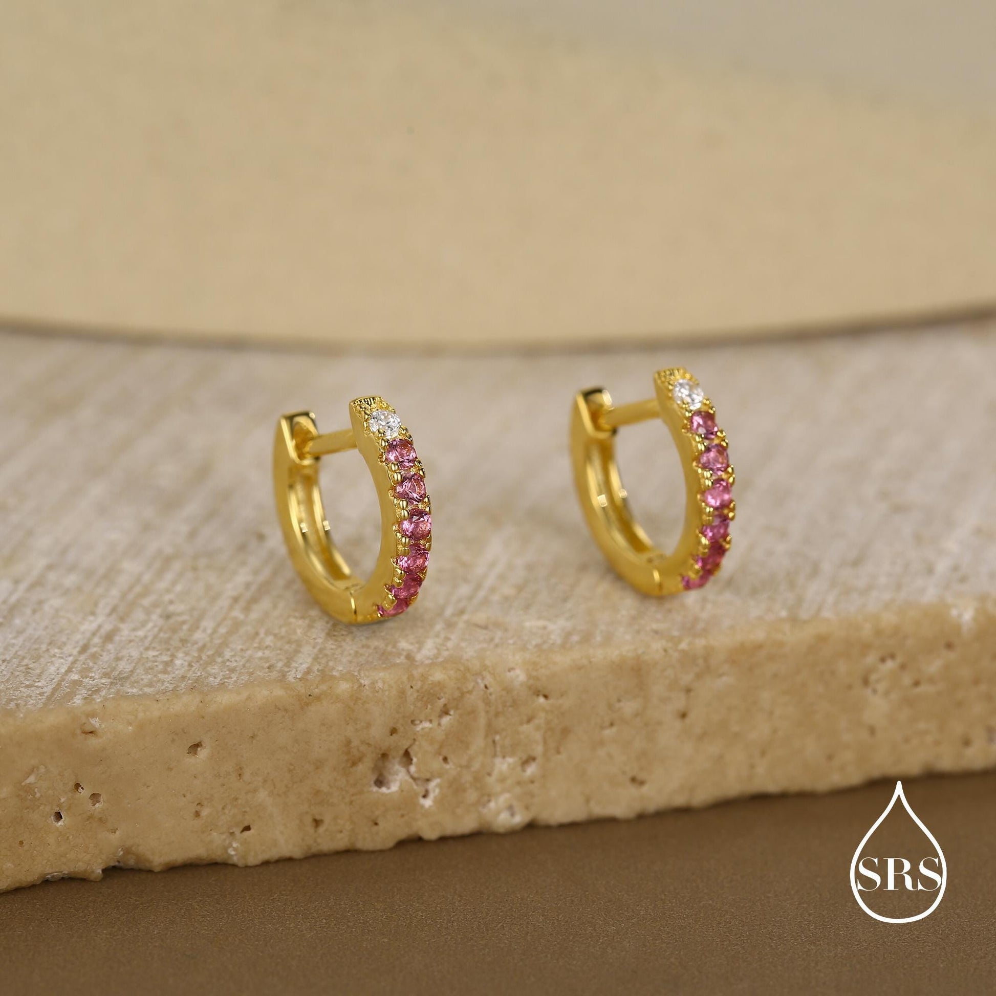 Ruby Pink Ombre CZ Huggie Hoops in Sterling Silver, Silver or Gold, Minimalist Hoop Earrings, 8mm Hoops, cartilage hoops, Gradient