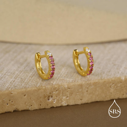 Ruby Pink Ombre CZ Huggie Hoops in Sterling Silver, Silver or Gold, Minimalist Hoop Earrings, 8mm Hoops, cartilage hoops, Gradient