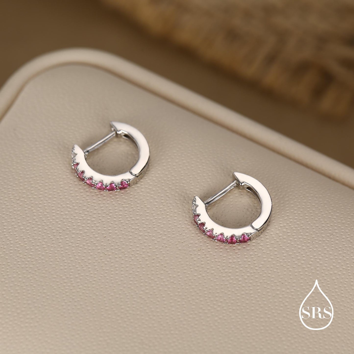 Ruby Pink Ombre CZ Huggie Hoops in Sterling Silver, Silver or Gold, Minimalist Hoop Earrings, 8mm Hoops, cartilage hoops, Gradient