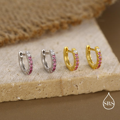 Ruby Pink Ombre CZ Huggie Hoops in Sterling Silver, Silver or Gold, Minimalist Hoop Earrings, 8mm Hoops, cartilage hoops, Gradient