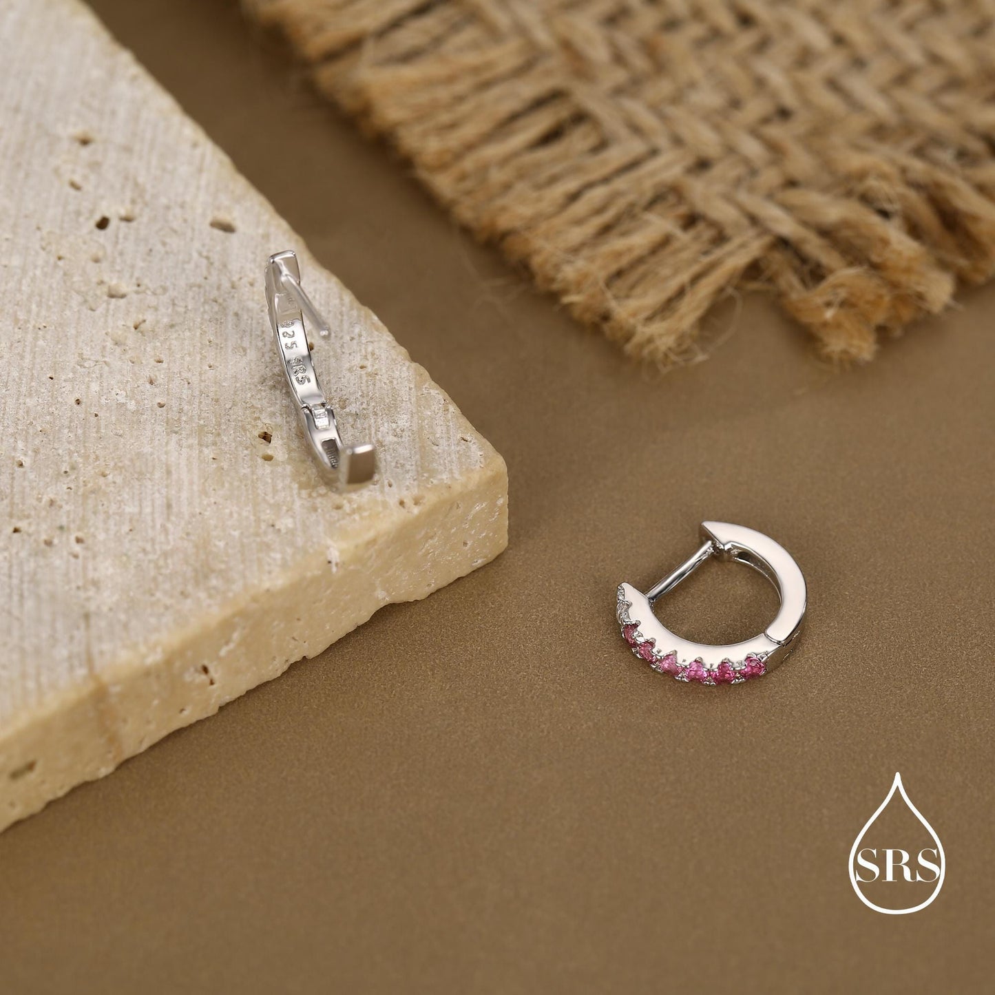 Ruby Pink Ombre CZ Huggie Hoops in Sterling Silver, Silver or Gold, Minimalist Hoop Earrings, 8mm Hoops, cartilage hoops, Gradient