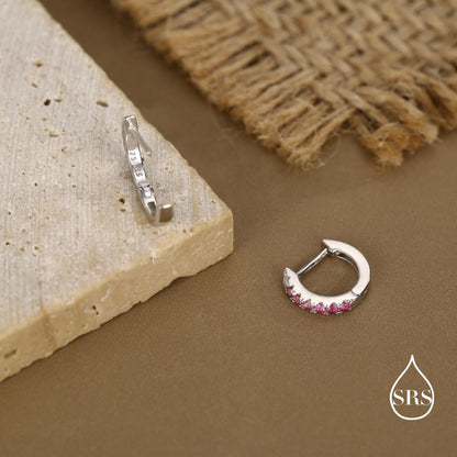 Ruby Pink Ombre CZ Huggie Hoops in Sterling Silver, Silver or Gold, Minimalist Hoop Earrings, 8mm Hoops, cartilage hoops, Gradient