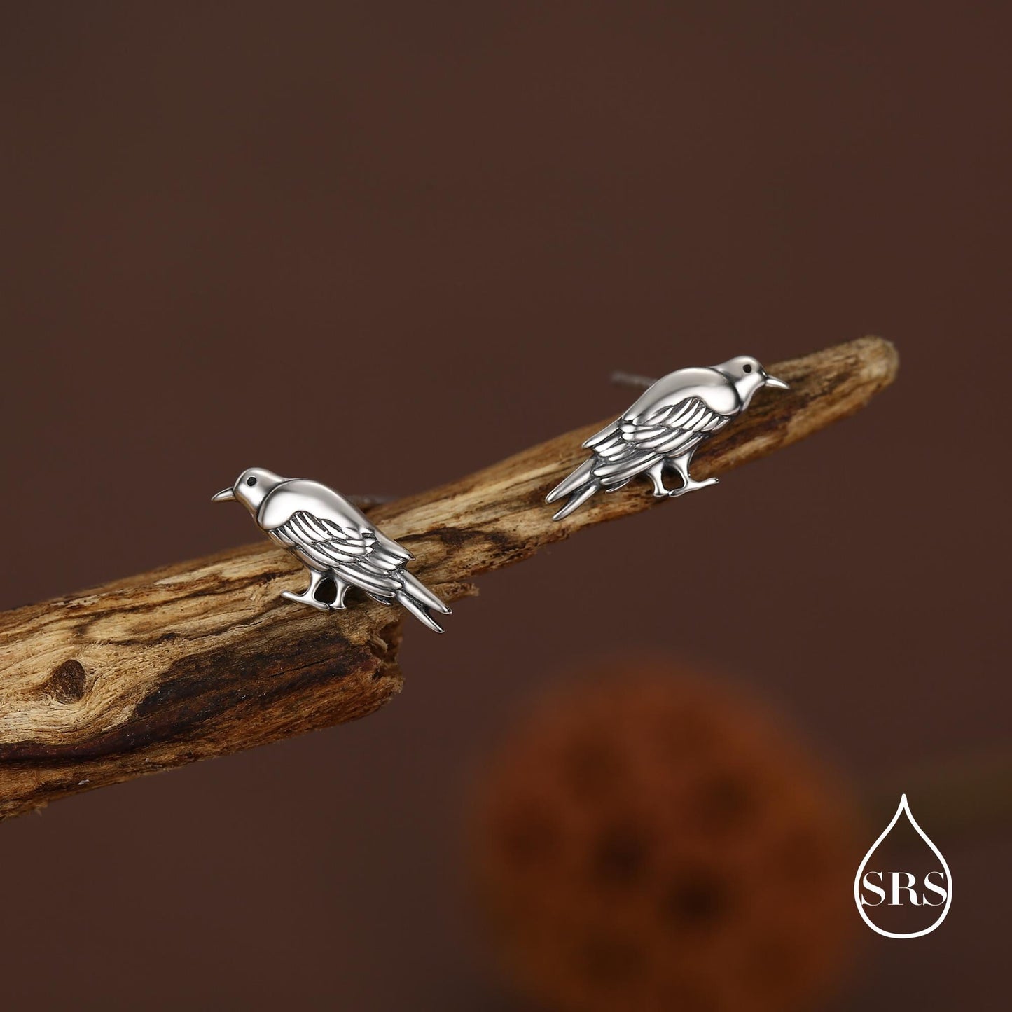 Crow Stud Earrings in Sterling Silver with Oxidised Finish
