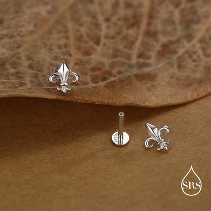 Sterling Silver Fleur de Lis 16G Threaded Flat Back Earrings
