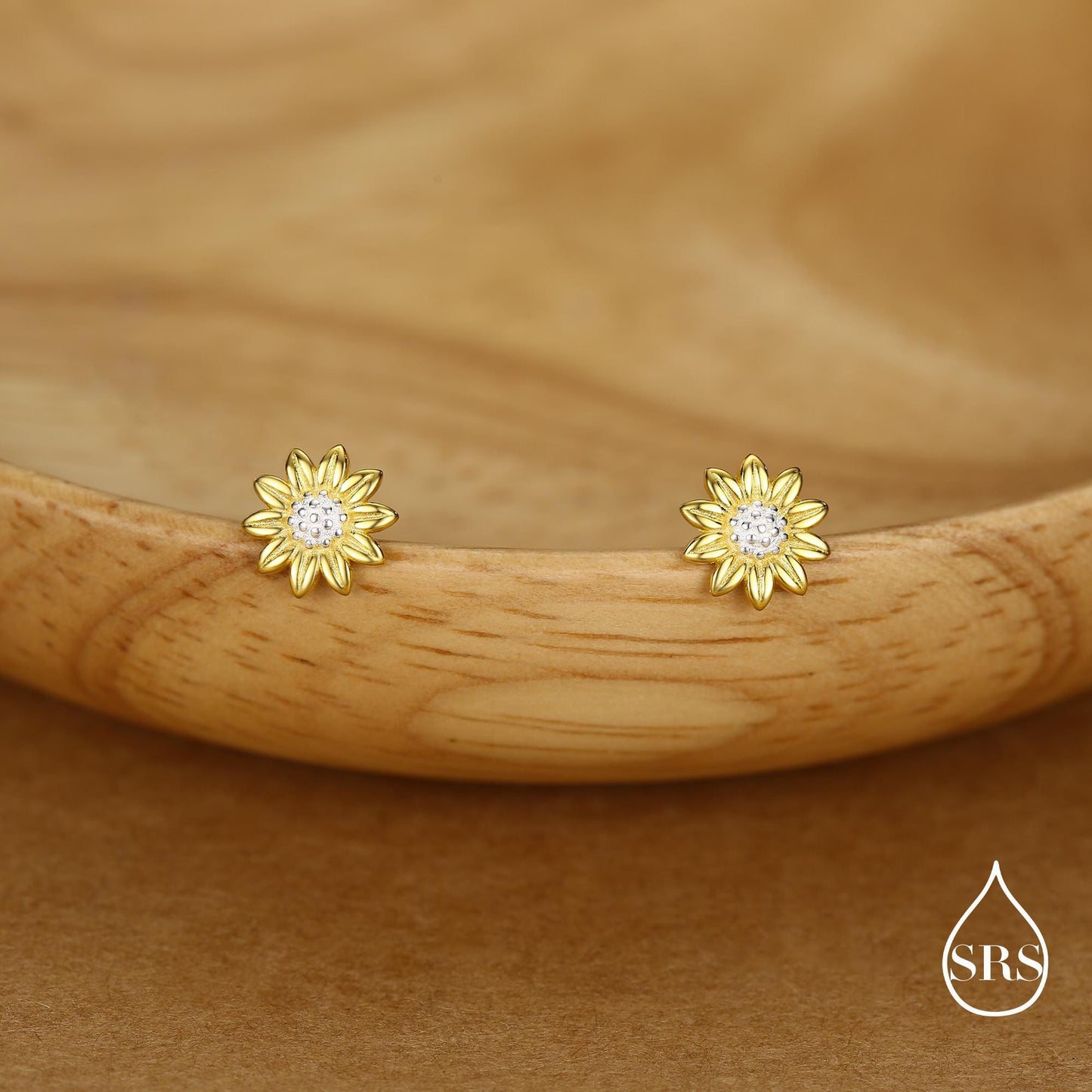 Little Sunflower Flower Stud Earrings in Sterling Silver - Flower Earrings - Cute Flower Blossom Daisy Earrings - Fun, Whimsical