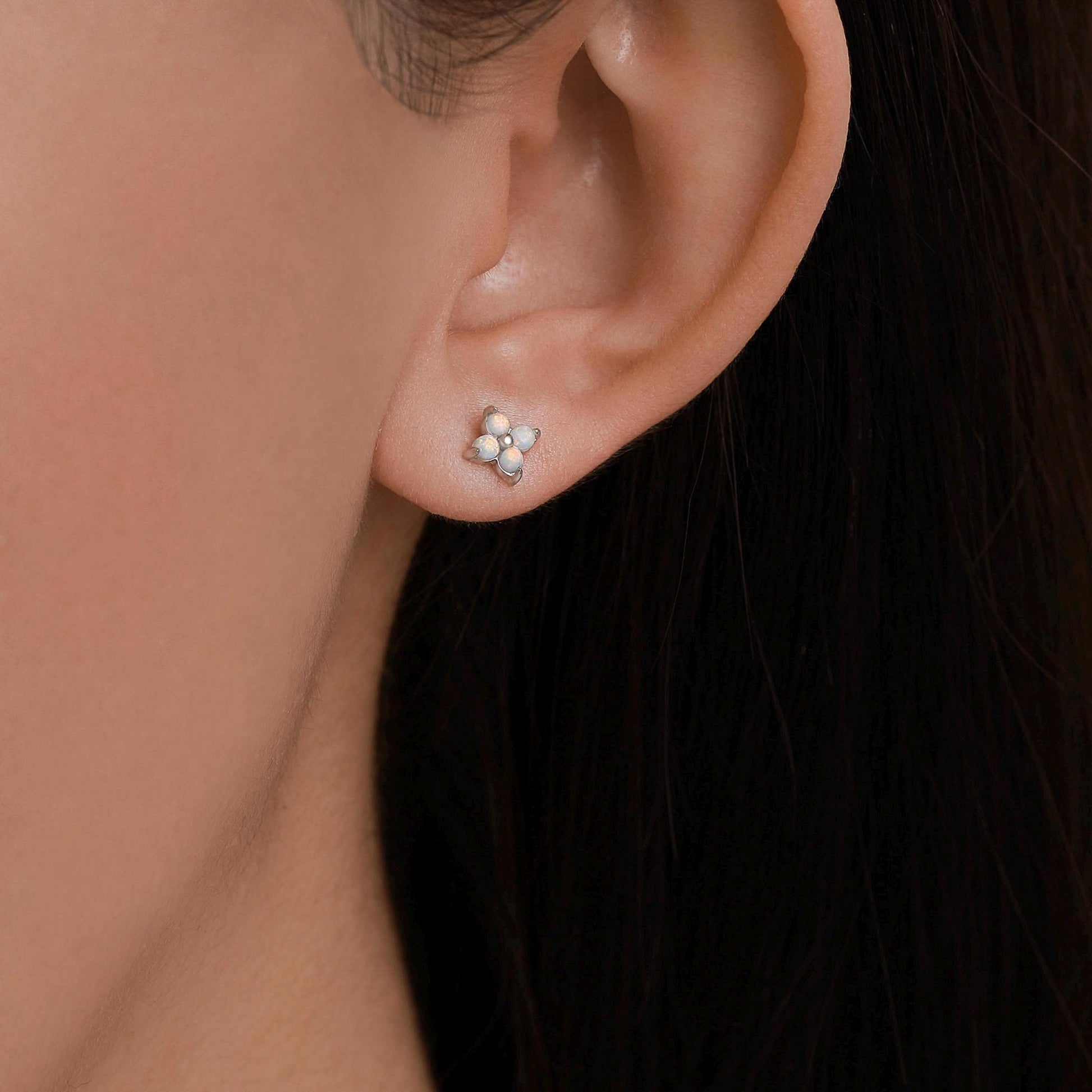 Sterling Silver Opal Clover Cluster 16G Internally Threaded Flat Back Earrings