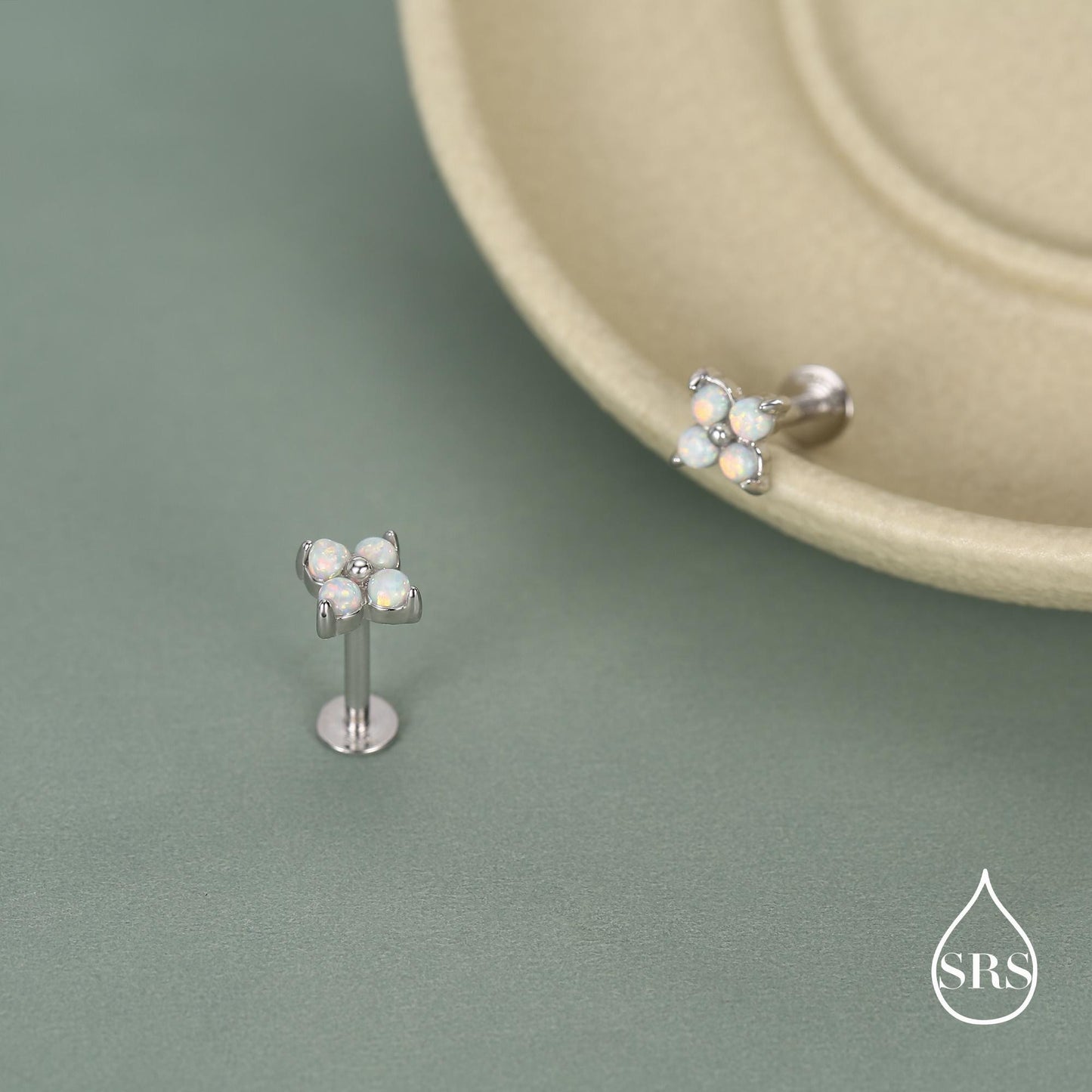 Sterling Silver Opal Clover Cluster 16G Internally Threaded Flat Back Earrings