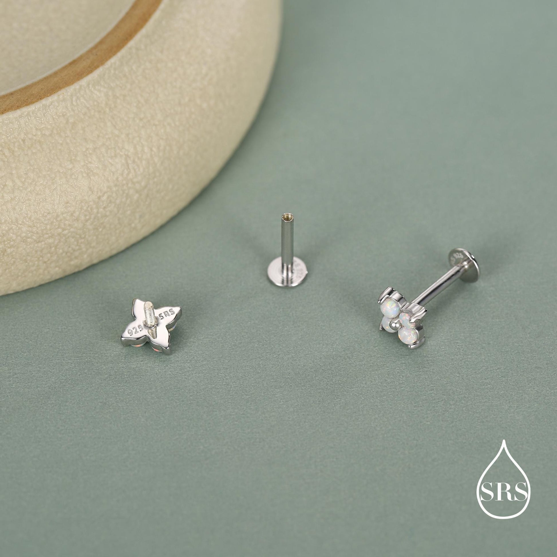 Sterling Silver Opal Clover Cluster 16G Internally Threaded Flat Back Earrings