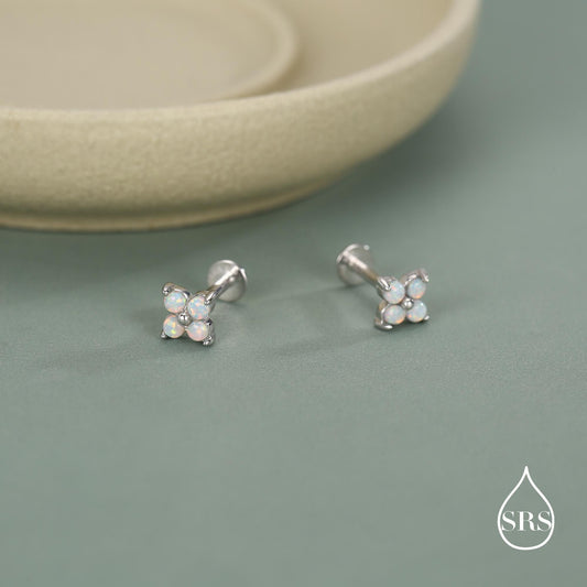 Sterling Silver Opal Clover Cluster 16G Internally Threaded Flat Back Earrings