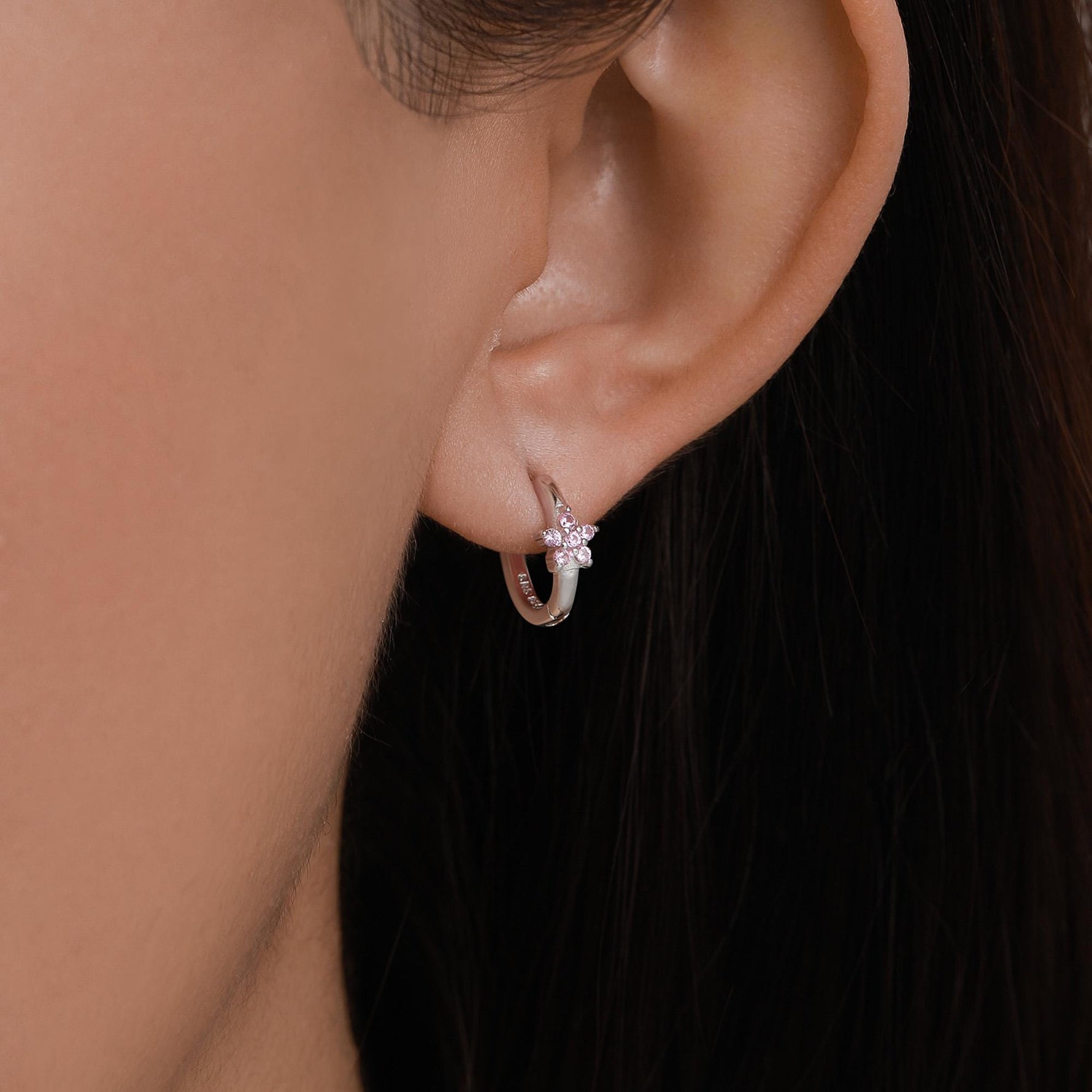 Sterling Silver Pink Crystal Cluster Huggie Hoop Earrings