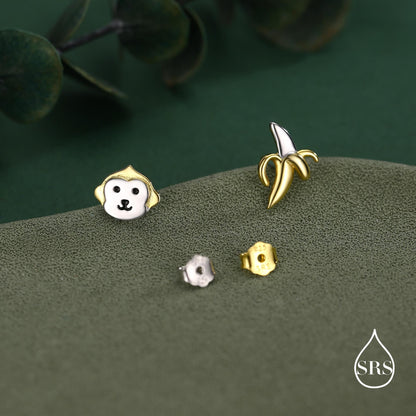Sterling Silver Monkey and Banana Mismatched Stud Earrings