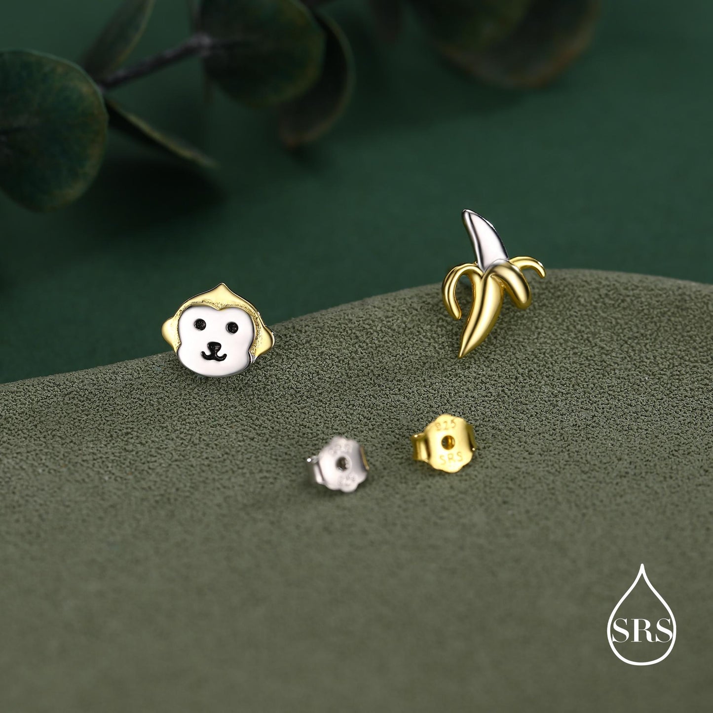 Sterling Silver Monkey and Banana Mismatched Stud Earrings