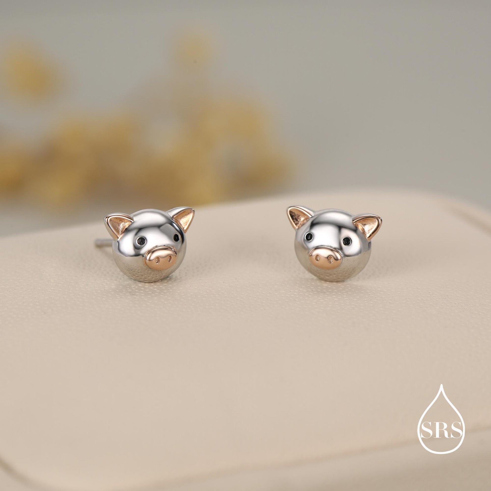 Cute Little Pig Stud Earrings in Sterling Silver - Silver and Rose Gold - Farm Animal Earrings - Whimsical and Pretty Jewellery