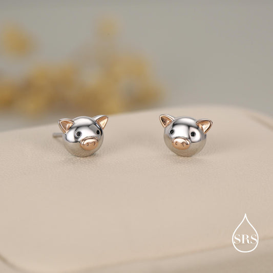 Cute Little Pig Stud Earrings in Sterling Silver - Silver and Rose Gold - Farm Animal Earrings - Whimsical and Pretty Jewellery