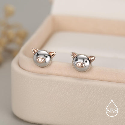 Cute Little Pig Stud Earrings in Sterling Silver - Silver and Rose Gold - Farm Animal Earrings - Whimsical and Pretty Jewellery