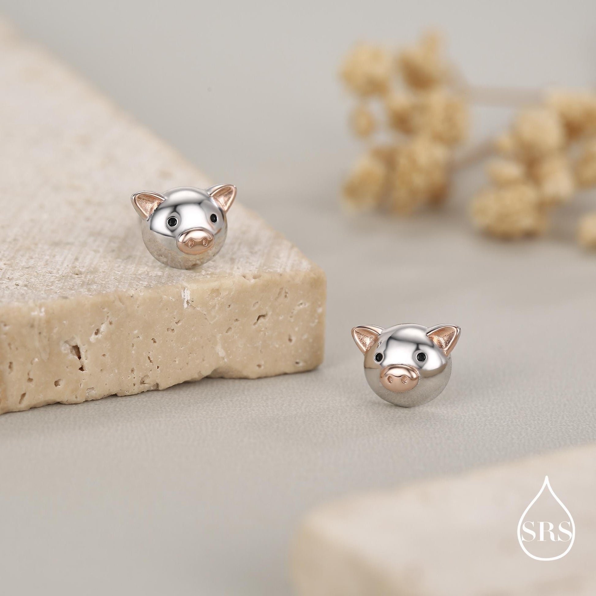 Cute Little Pig Stud Earrings in Sterling Silver - Silver and Rose Gold - Farm Animal Earrings - Whimsical and Pretty Jewellery