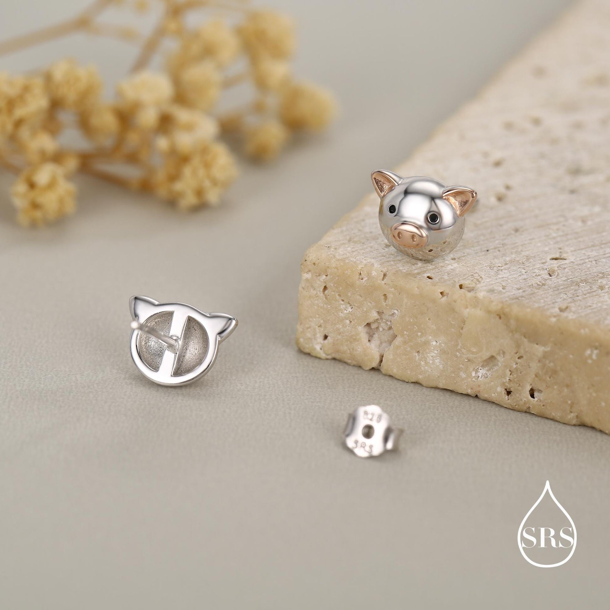 Cute Little Pig Stud Earrings in Sterling Silver - Silver and Rose Gold - Farm Animal Earrings - Whimsical and Pretty Jewellery