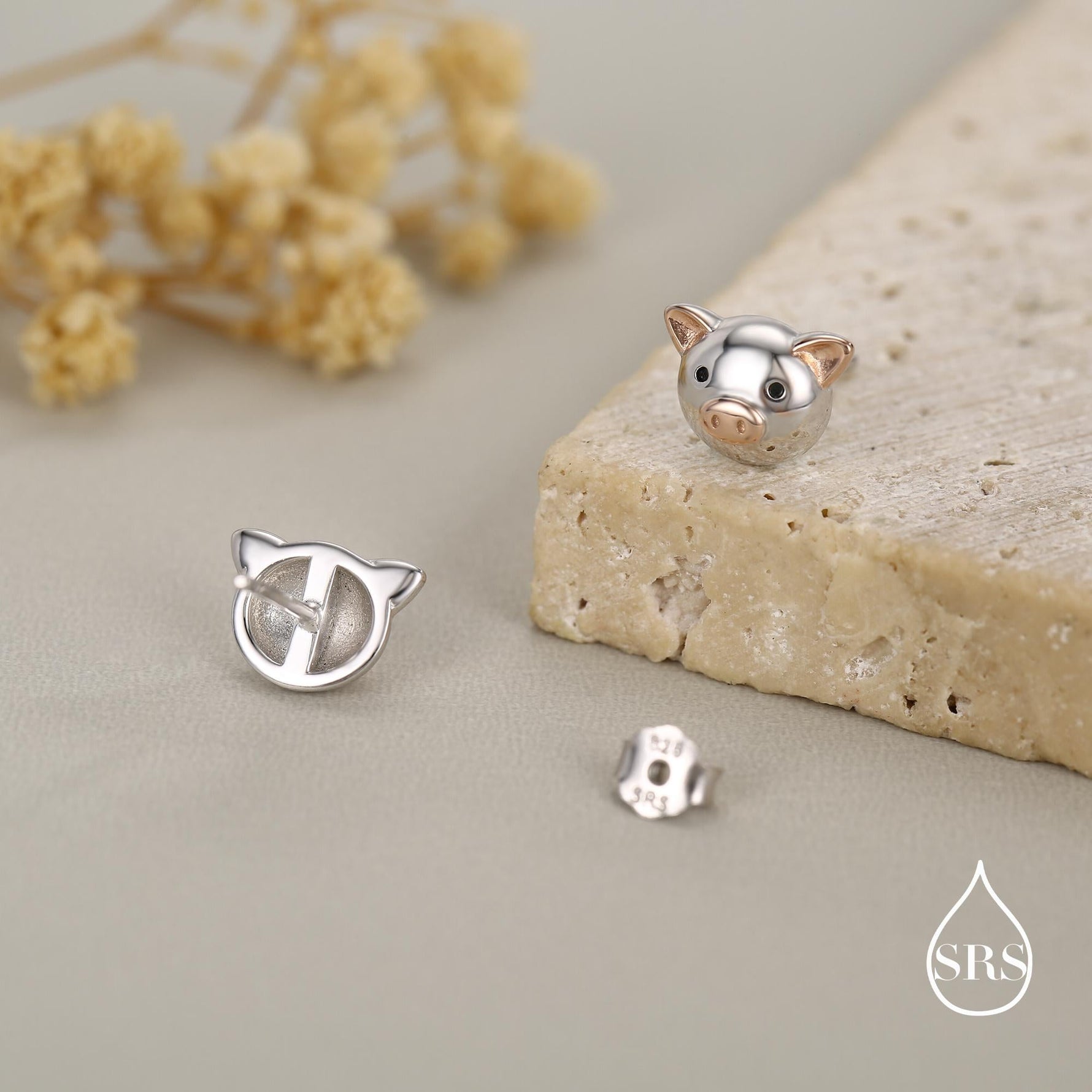 Cute Little Pig Stud Earrings in Sterling Silver - Silver and Rose Gold - Farm Animal Earrings - Whimsical and Pretty Jewellery