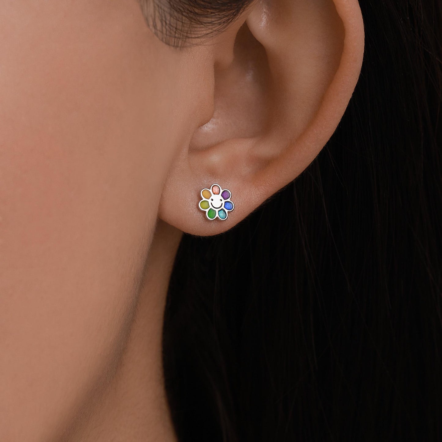 Enamel Smiling Flower Stud Earrings in Sterling Silver, Silver Rainbow Flower Earrings, Multi Colour Flower Stud in Sterling Silver