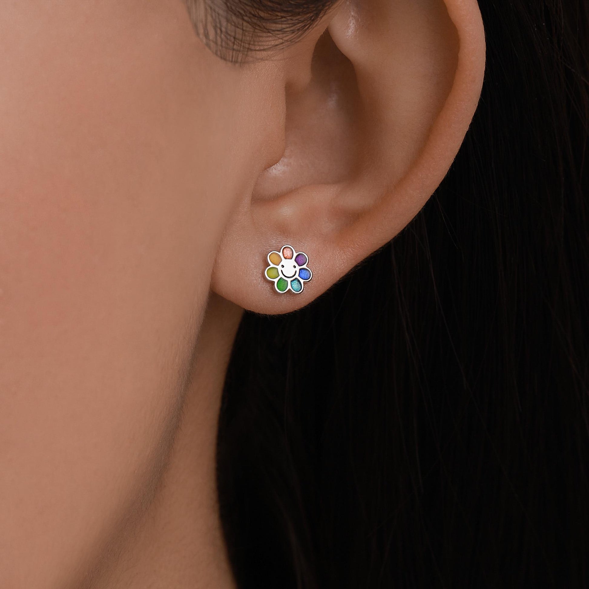 Enamel Smiling Flower Stud Earrings in Sterling Silver, Silver Rainbow Flower Earrings, Multi Colour Flower Stud in Sterling Silver
