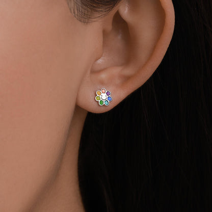 Enamel Smiling Flower Stud Earrings in Sterling Silver, Silver Rainbow Flower Earrings, Multi Colour Flower Stud in Sterling Silver