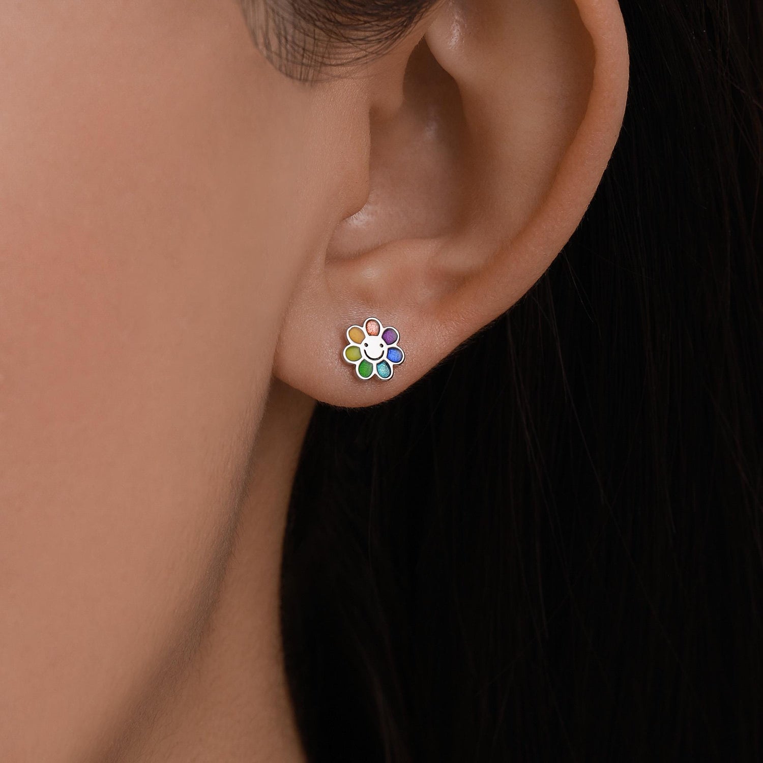 Rainbow Smiley Flower 16G Flat Back Stud Earrings