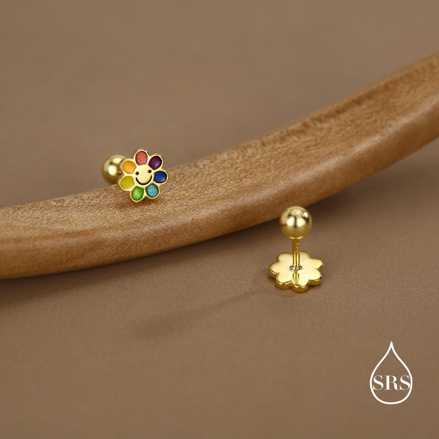 Sterling Silver Rainbow Flower 18G Screw Back Earrings with Ball Backs